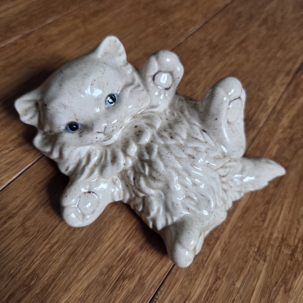 Vintage Kitsch Ceramic Kitten Figurine Cute Cat Decor 90s Speckled Glaze Shelf